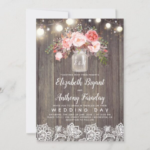 Pink Flowers Mason Jar Rustic Lace Wedding Invitation