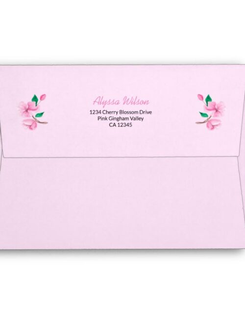 Pink Gingham and Cherry Blossom Return Address Envelope