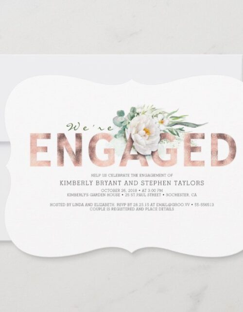 Pink Gold Typography White Floral Engagement Party Invitation