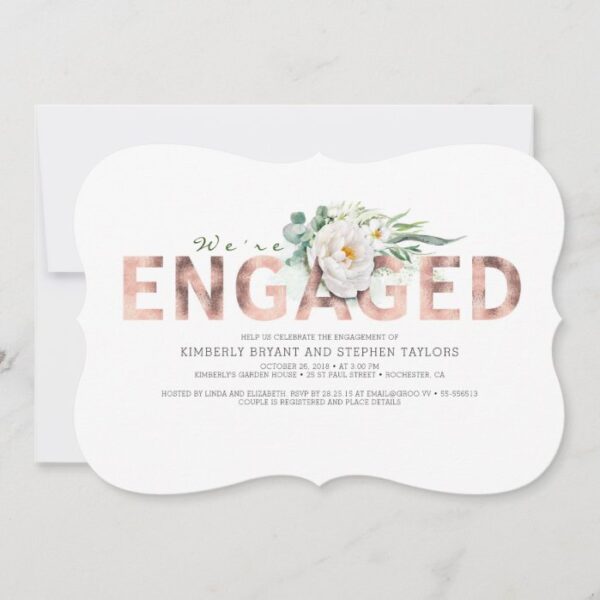 Pink Gold Typography White Floral Engagement Party Invitation