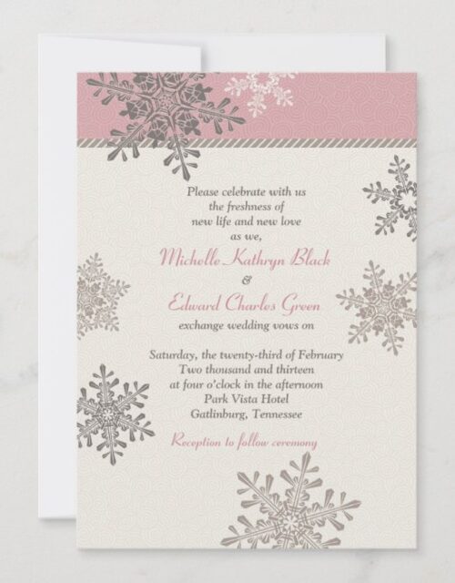 Pink Ivory Snowflake Winter Wedding Invitation