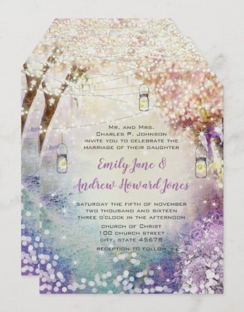 Pink Purple Blue Fairy Lights Boho Forest Wedding Invitation