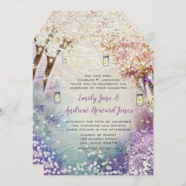 Pink Purple Blue Fairy Lights Boho Forest Wedding Invitation