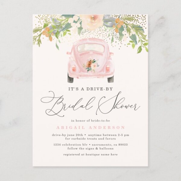 Pink Watercolor Floral Drive By Bridal Shower Invitation Postcard