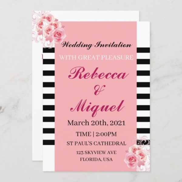Pink, White & Black Stripe Wedding Invitation