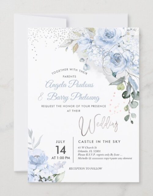 PixDezines Dusty Blue Roses Faux Silver Glitter Invitation