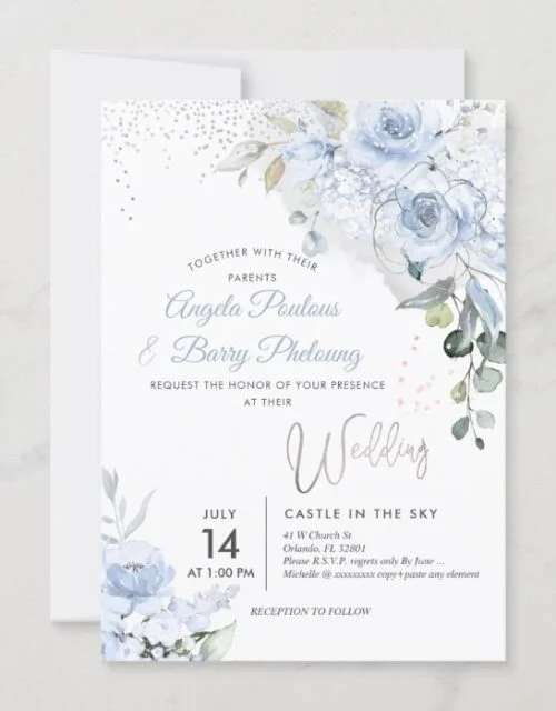 PixDezines Dusty Blue Roses Faux Silver Glitter Invitation