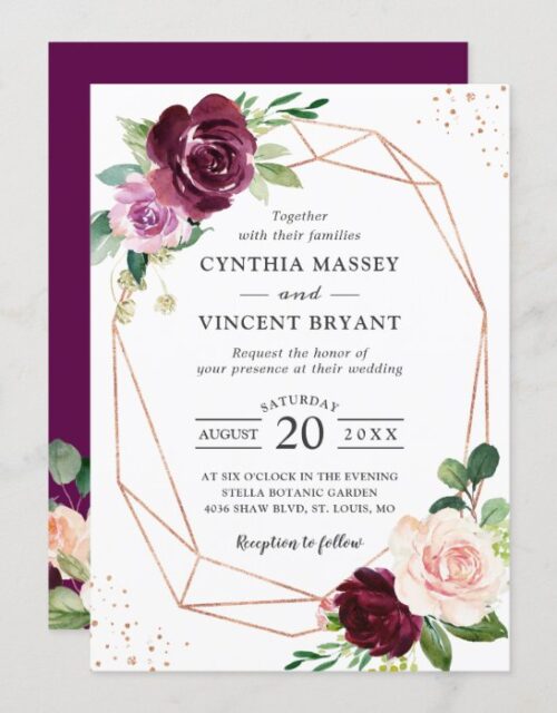 Plum Purple Blush Floral Modern Geometric Wedding Invitation