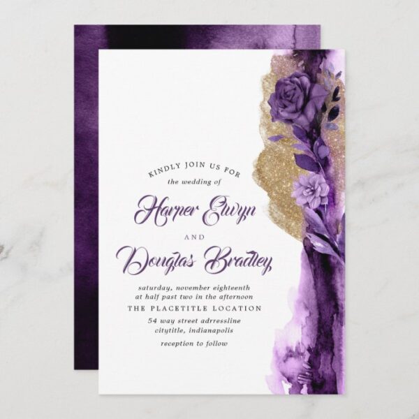 Plum Purple - Eggplant and Gold Floral Wedding Invitation