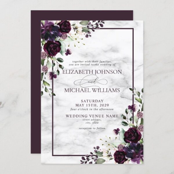 Plum Purple Flower Watercolor Marble Fall Wedding Invitation