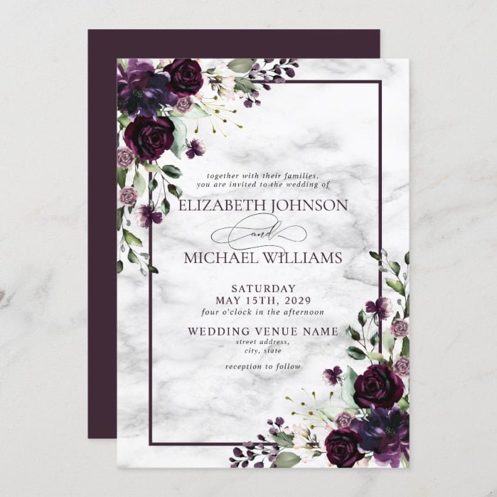 Plum Purple Flower Watercolor Marble Fall Wedding Invitation