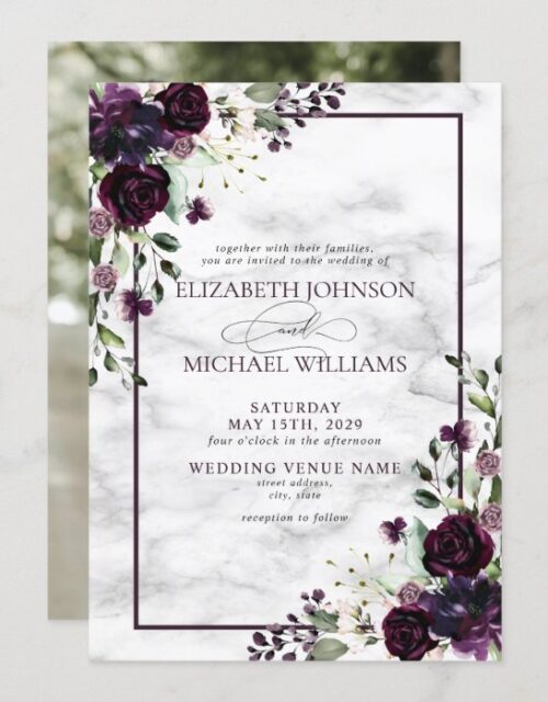 Plum Purple Flower Watercolor Marble Photo Wedding Invitation