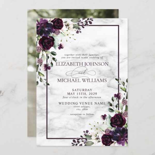 Plum Purple Flower Watercolor Marble Photo Wedding Invitation