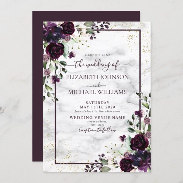 Plum Purple Gold Watercolor Marble Fall Wedding Invitation