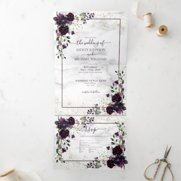 Plum Purple Gold Watercolor Marble Fall Wedding Tri-Fold Invitation