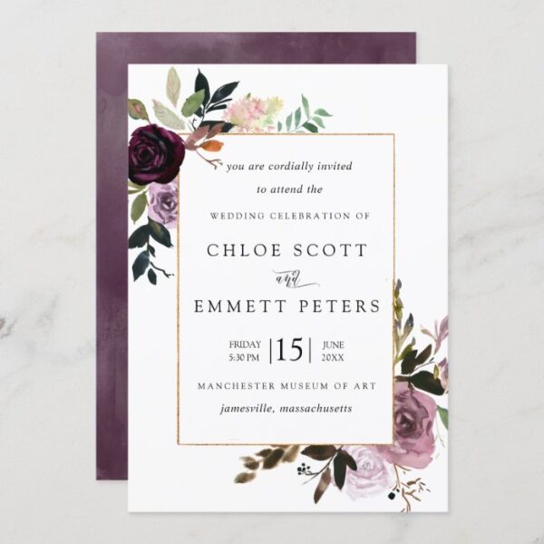 Plum Purple Mauve Pink Floral Wedding Invitation