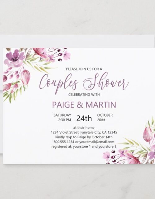 Pretty Purple Floral Watercolor Couples Shower Invitation