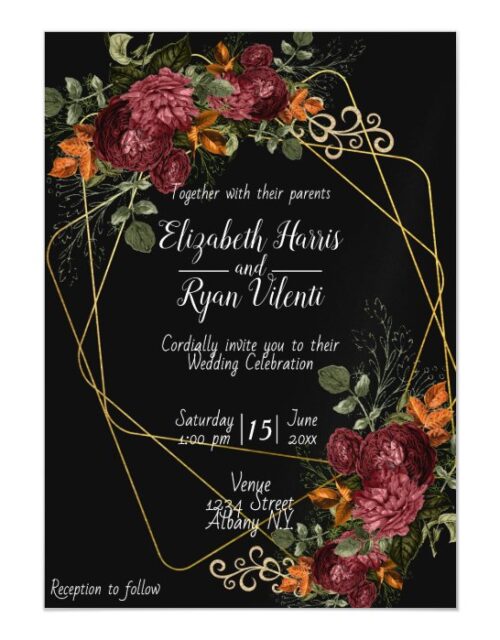 Pretty Red Watercolor Roses, Gold Foil Geometric Magnetic Invitation