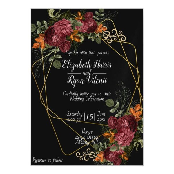 Pretty Red Watercolor Roses, Gold Foil Geometric Magnetic Invitation