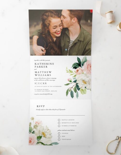Pretty Watercolor Floral All-In-One Photo Wedding Tri-Fold Invitation