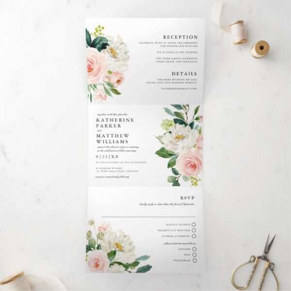 Pretty Watercolor Floral All-In-One Wedding Tri-Fold Invitation