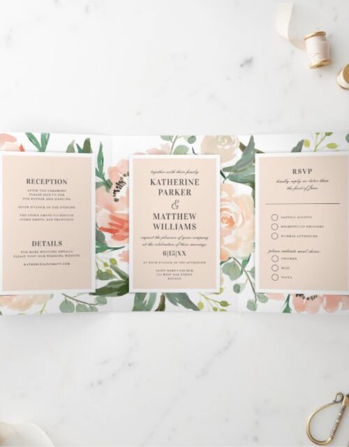 Pretty Watercolor Floral Blush All-In-One Wedding Tri-Fold Invitation