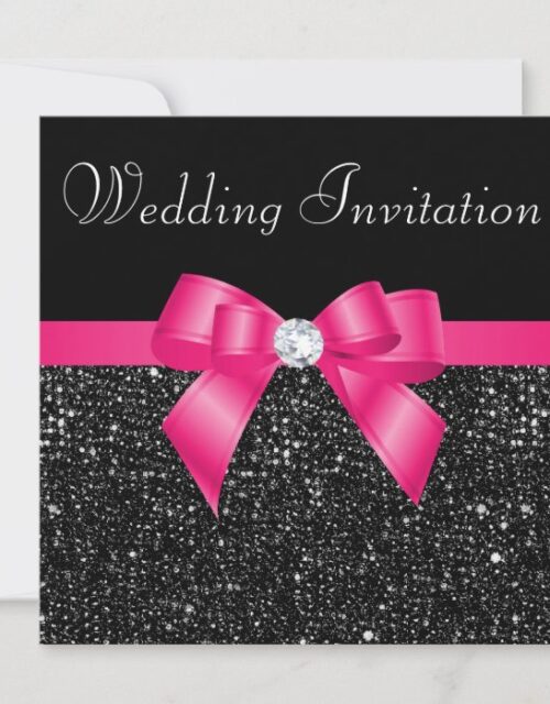 Printed Black Sequins and Hot Pink Bow Wedding Invitation