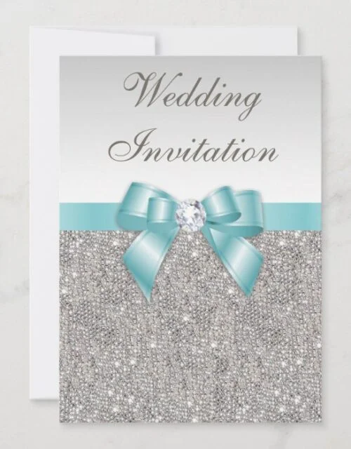 Printed Silver Sequins Diamonds Teal Bow Wedding Invitation
