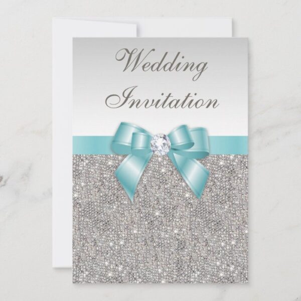 Printed Silver Sequins Diamonds Teal Bow Wedding Invitation