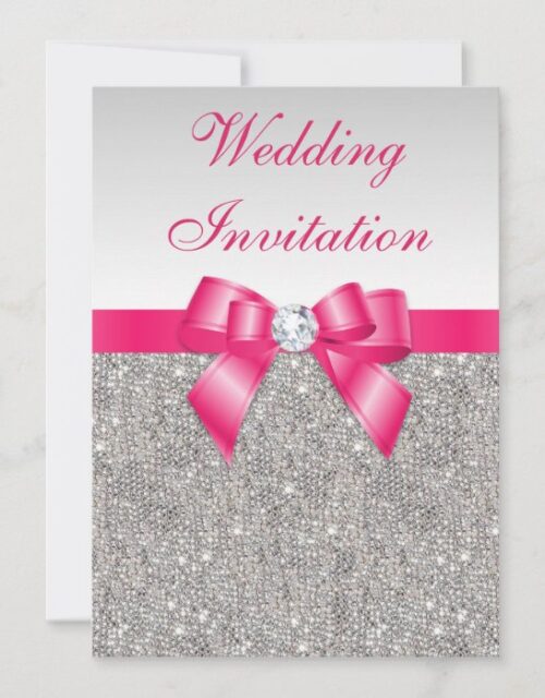 Printed Silver Sequins Hot Pink Bow Wedding Invitation