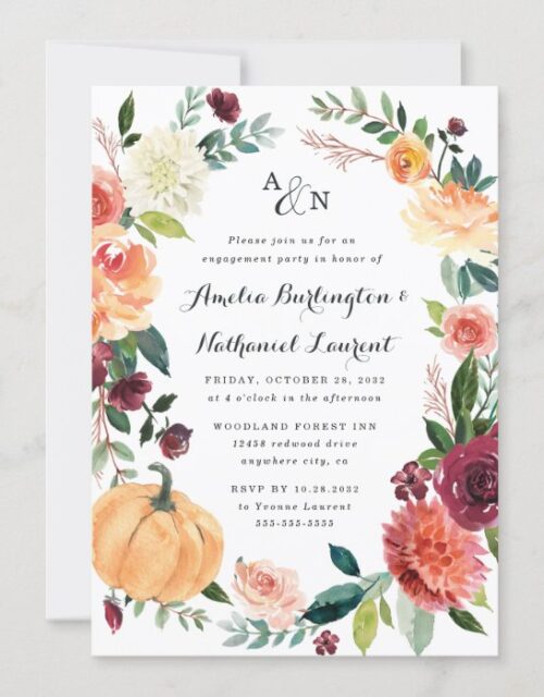 Pumpkin Autumn Chic Floral Rustic Engagement Party Invitation