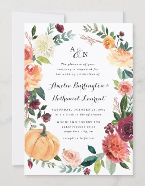 Pumpkin Elegant Fall Floral Rustic Themed Wedding Invitation