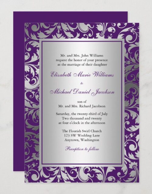 Purple and Silver Damask Swirls Wedding Invitation