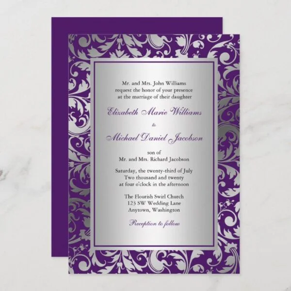 Purple and Silver Damask Swirls Wedding Invitation