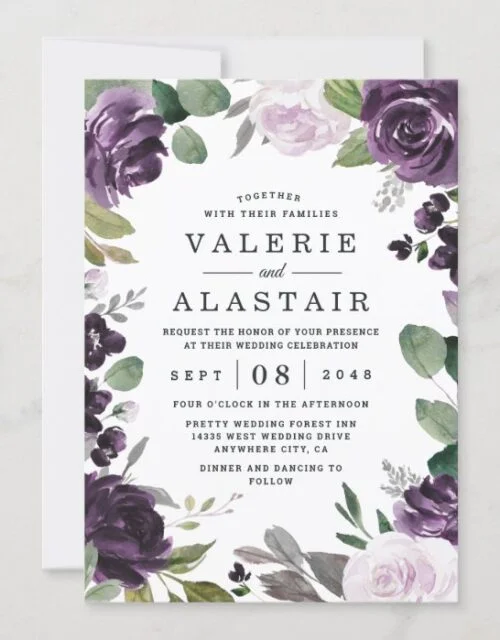 Purple and Silver Elegant Floral White Wedding Invitation