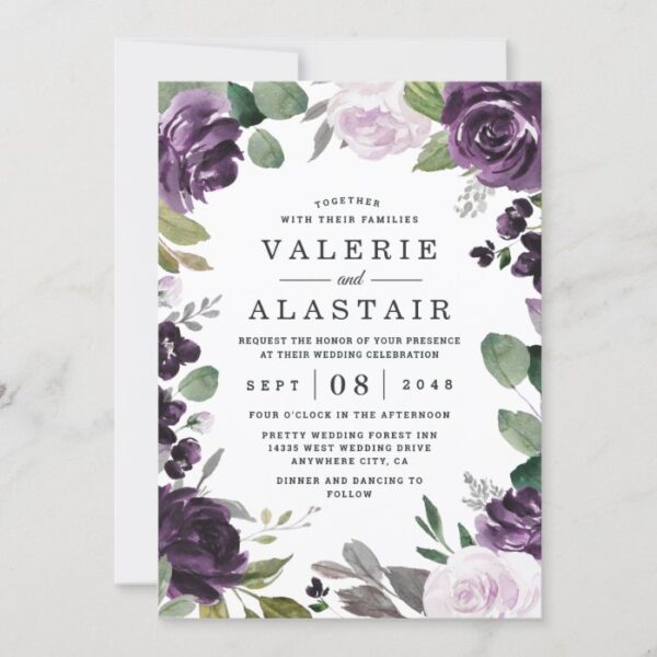 Purple and Silver Elegant Floral White Wedding Invitation