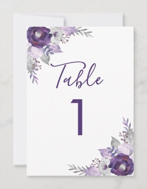 Purple and Silver Watercolor Floral Table Number