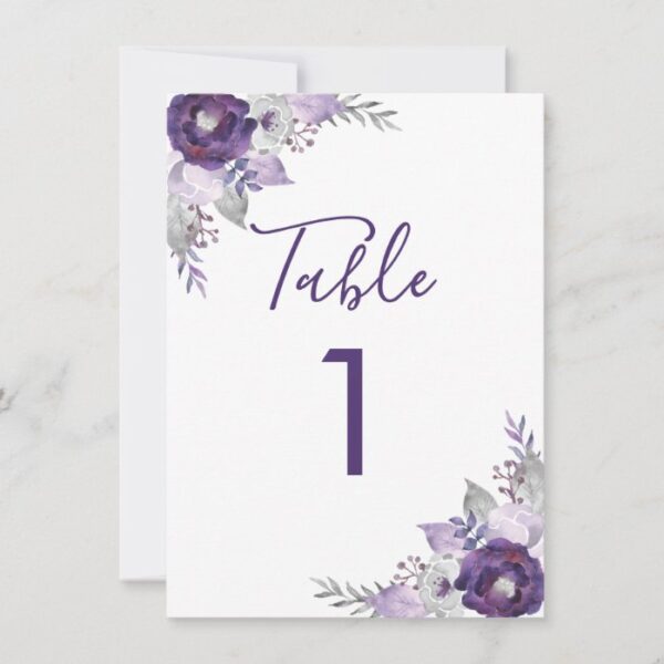 Purple and Silver Watercolor Floral Table Number