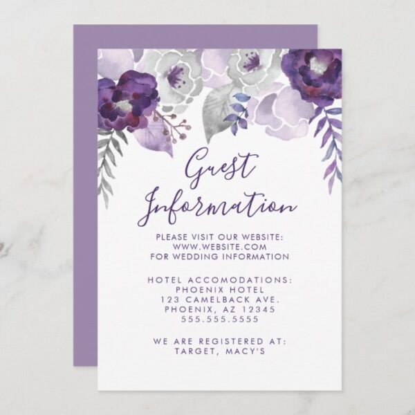 Purple and Silver Watercolor Floral Wedding Info Invitation