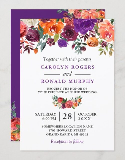 Purple Burgundy Orange Floral Vineyard Wedding Invitation