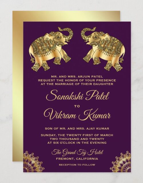 Purple Gold Ethnic Elephants Indian Wedding Invite