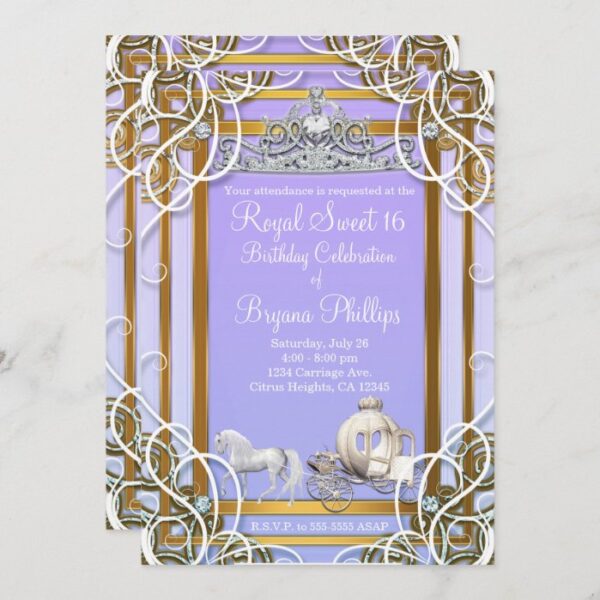 Purple & Gold Princess Crown Carriage Sweet 16 Invitation