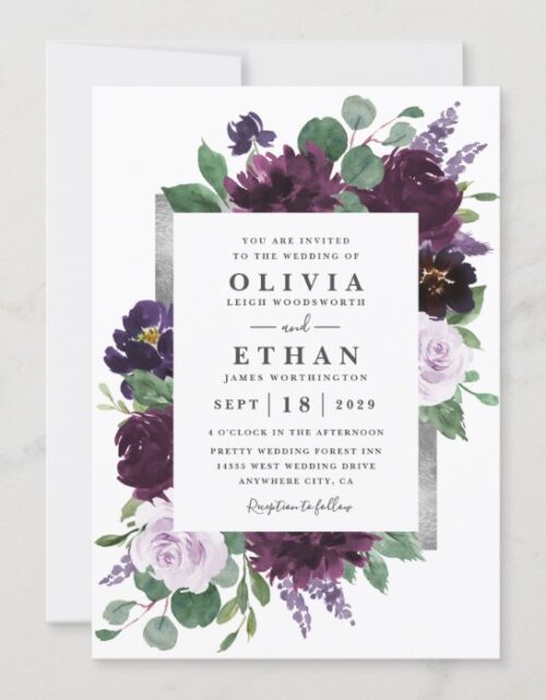 Purple Gray Silver Watercolor Peony Fall Wedding Invitation
