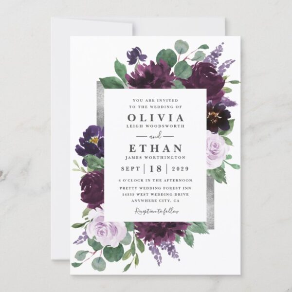 Purple Gray Silver Watercolor Peony Fall Wedding Invitation