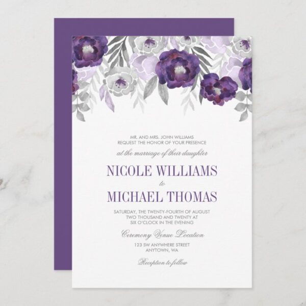 Purple Gray Watercolor Flowers Wedding Invitations