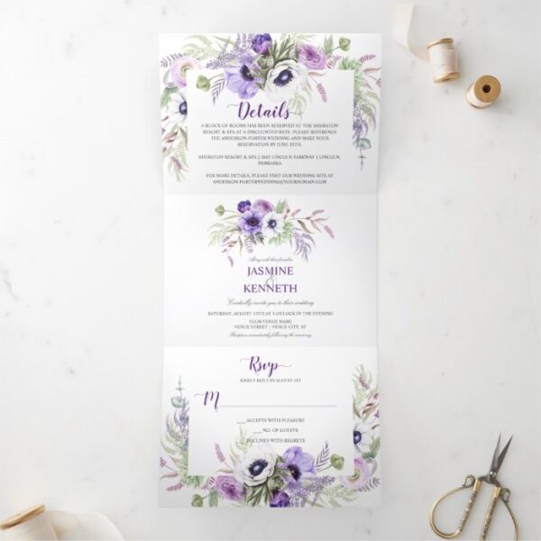 Purple Lavender White Watercolor Floral Frame | Tri-Fold Invitation