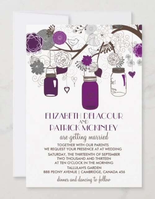 Purple Mason Jars and Flowers Wedding Invitation