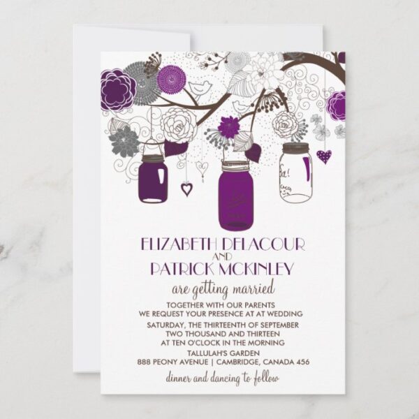 Purple Mason Jars and Flowers Wedding Invitation