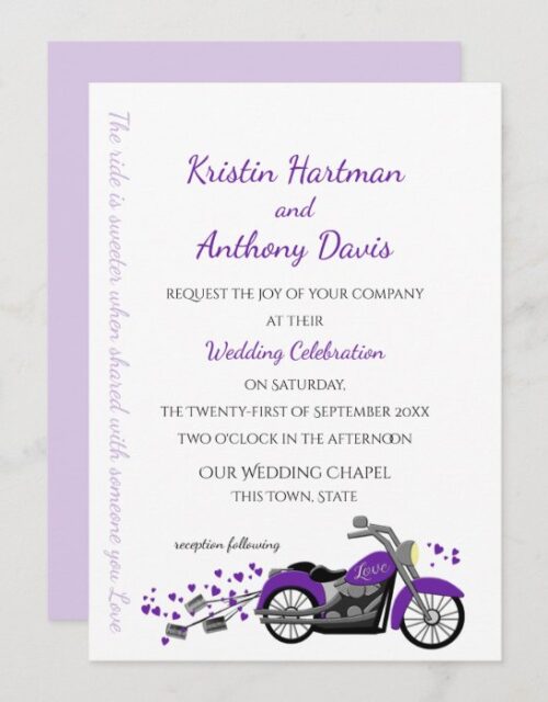 Purple Motorcycle and Hearts Wedding Invitation