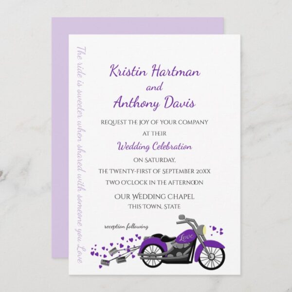 Purple Motorcycle and Hearts Wedding Invitation